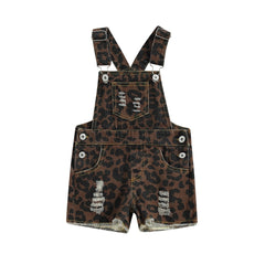 Distressed Leopard Denim Overalls