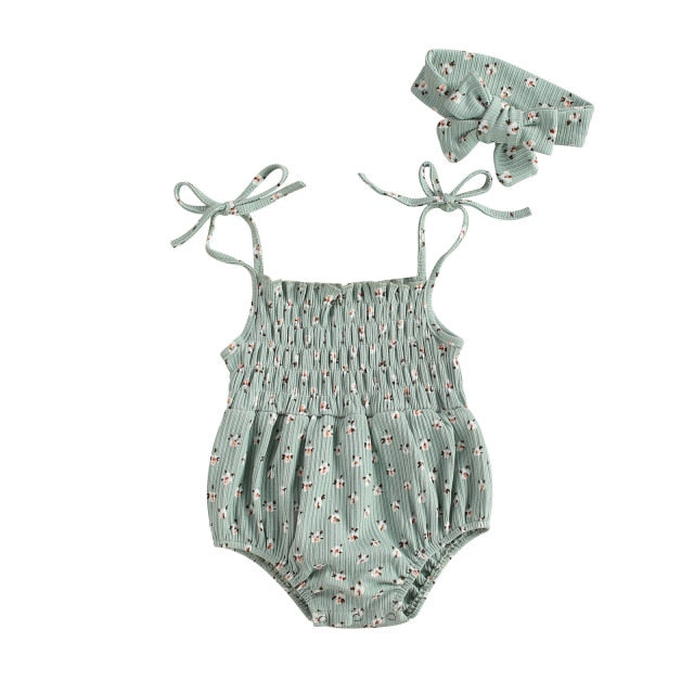 Ribbed scrunch romper - Mint posy